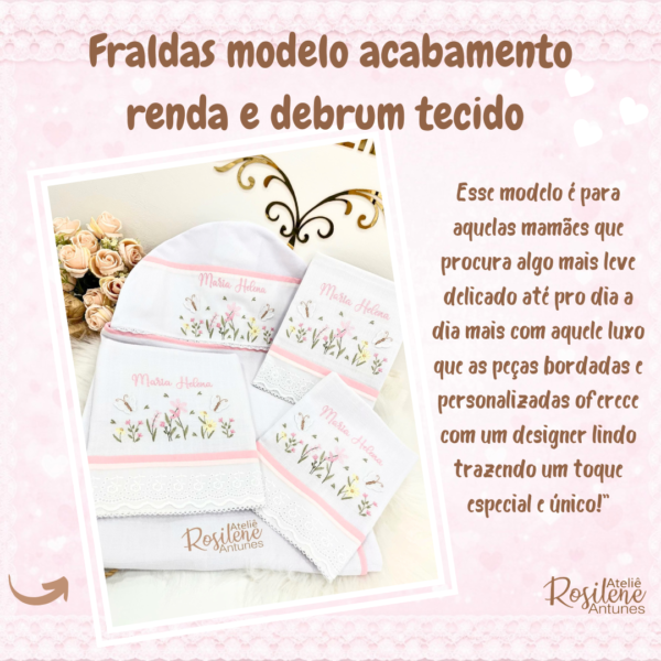 Fraldas modelo acabamento renda e debrum tecido