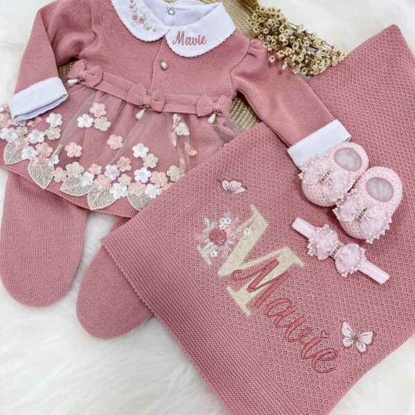 Saída maternidade tricô 6 peças renda floral rosa Queimado